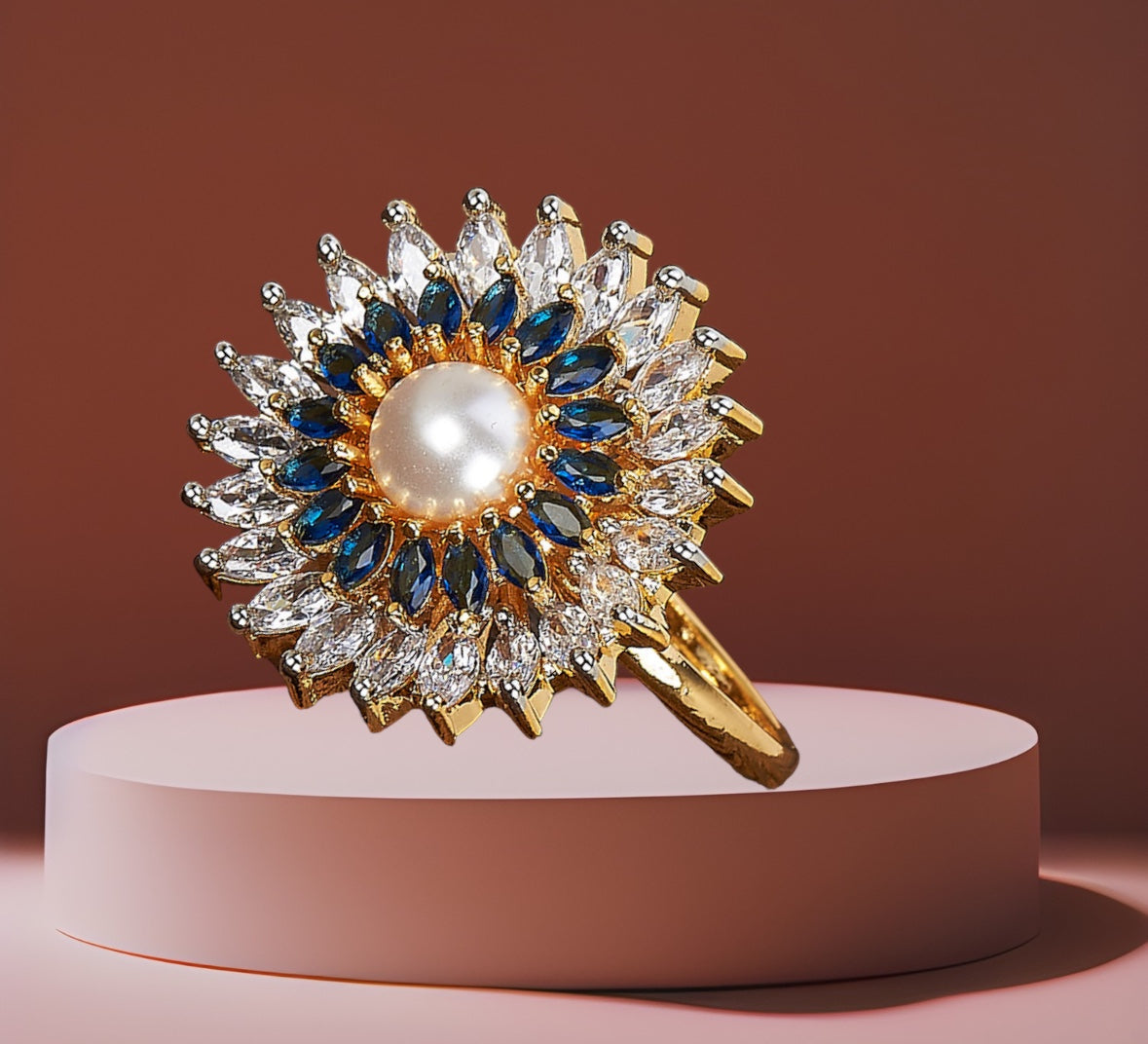 425010-Cubic Zirconia Pearl Ring With 2 Tone Plating-Blue