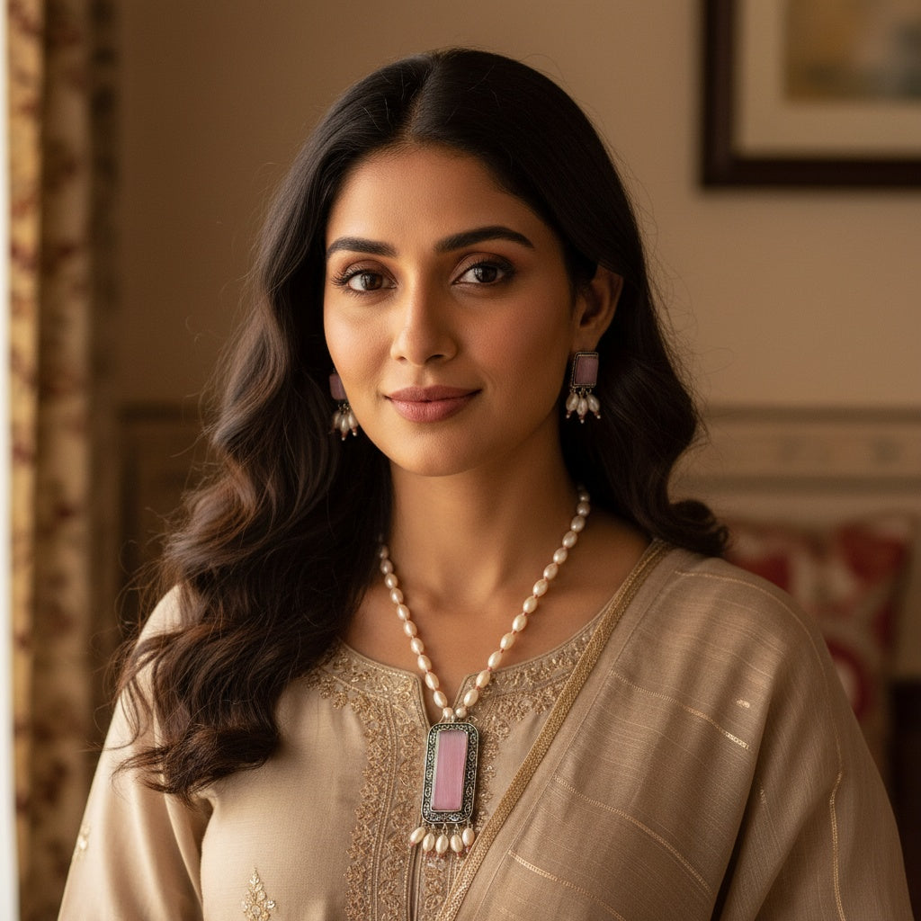 803866 Classic Pendant Set With Oxidised Plating-Pink