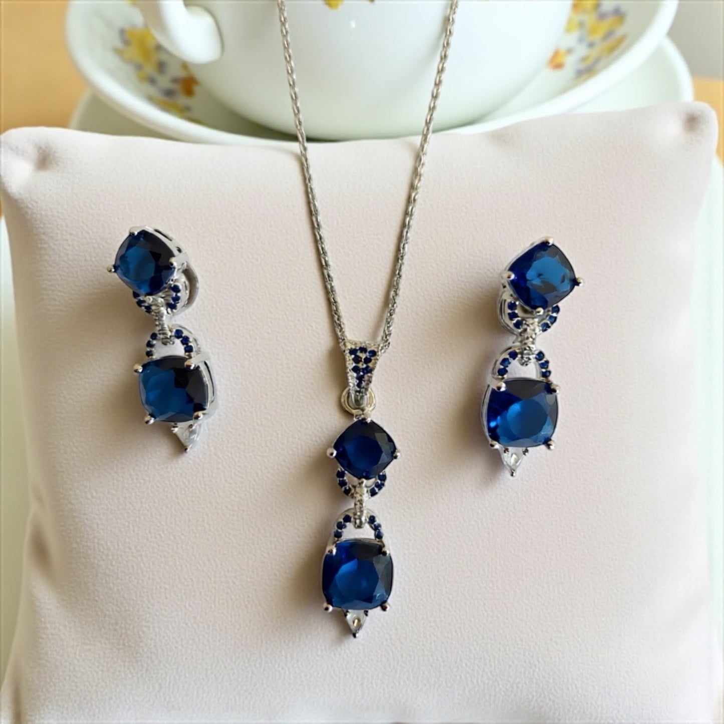 92509-PS-American Diamond Delicate Pendant Set With Rhodium Plating-Blue