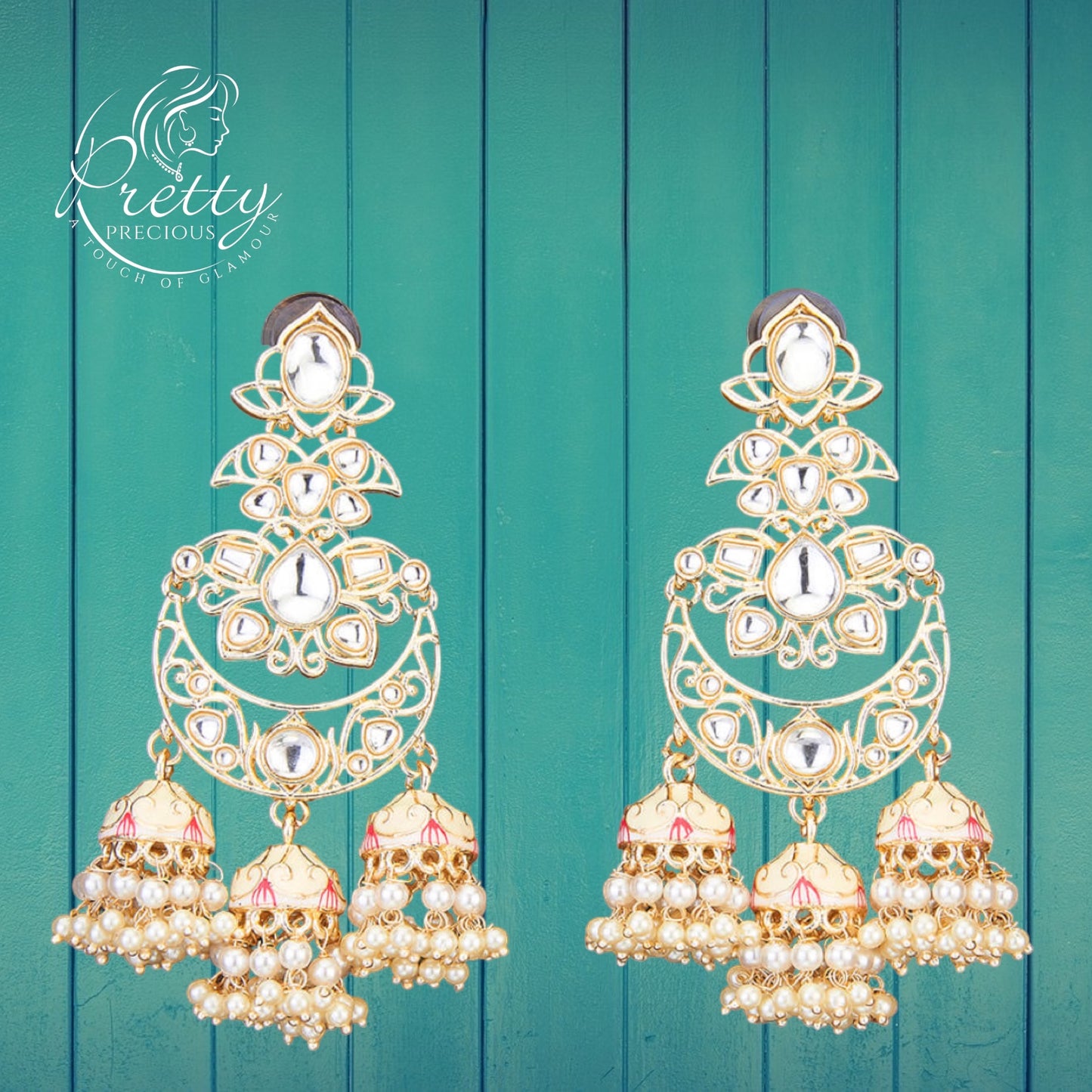 109444 Indo Western Chand Earring With Gold Plating-White