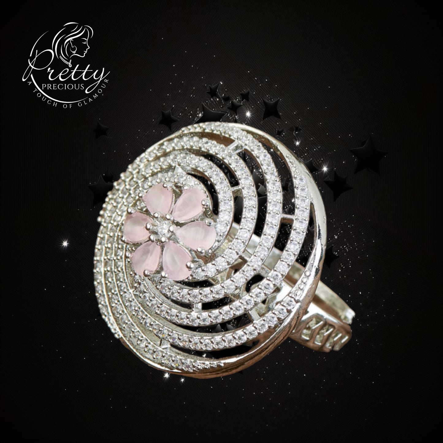 428283 Cz Adjustable Ring With Rhodium Plating-Pink