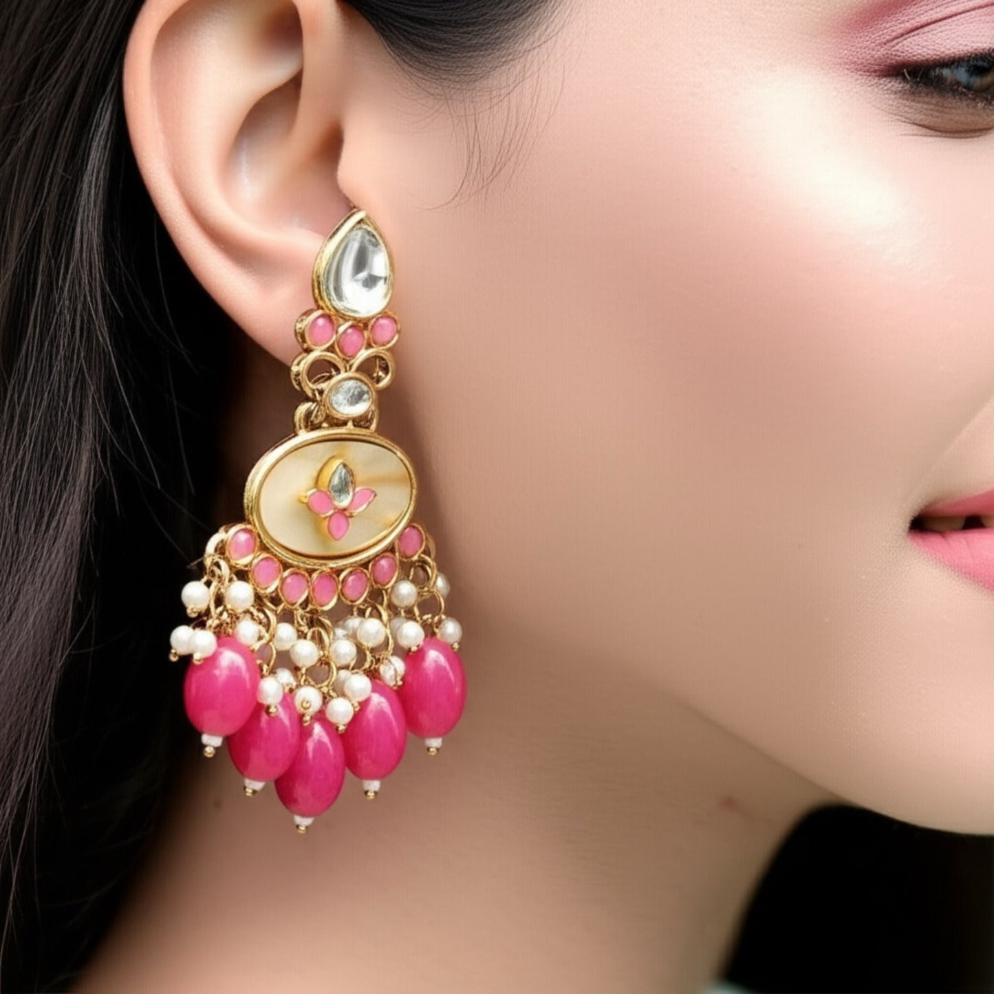 111613-Indo Western (Kundan) Earring-Dark Pink