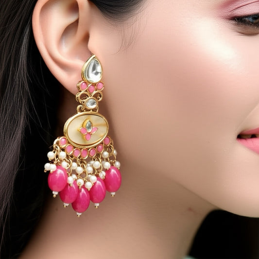 111613-Indo Western (Kundan) Earring-Dark Pink