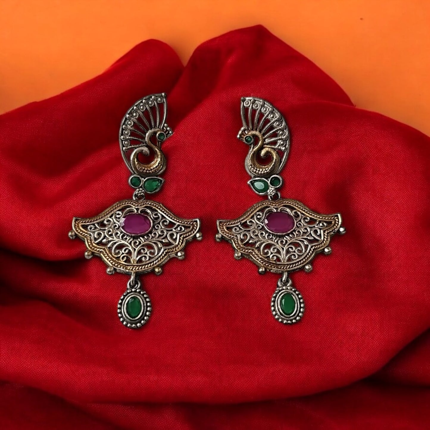 808915 Pretty Precious Fashion Oxidised Silver Stylish Party Wear Earrings for Women and Girls-Rubygreen