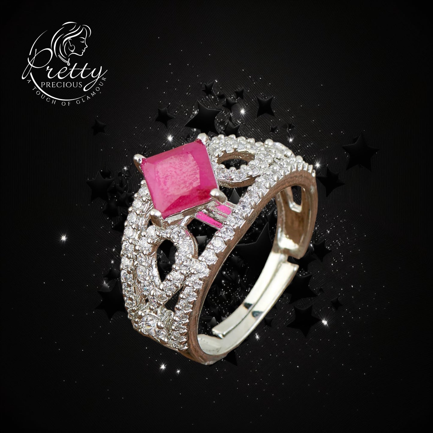 428288-RB Cz Adjustable Ring With Rhodium Plating-Ruby