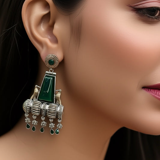 OXE-35425 Pretty Precious Fashion Oxidised Silver Stylish Party Wear Earrings for Women and Girls-Green