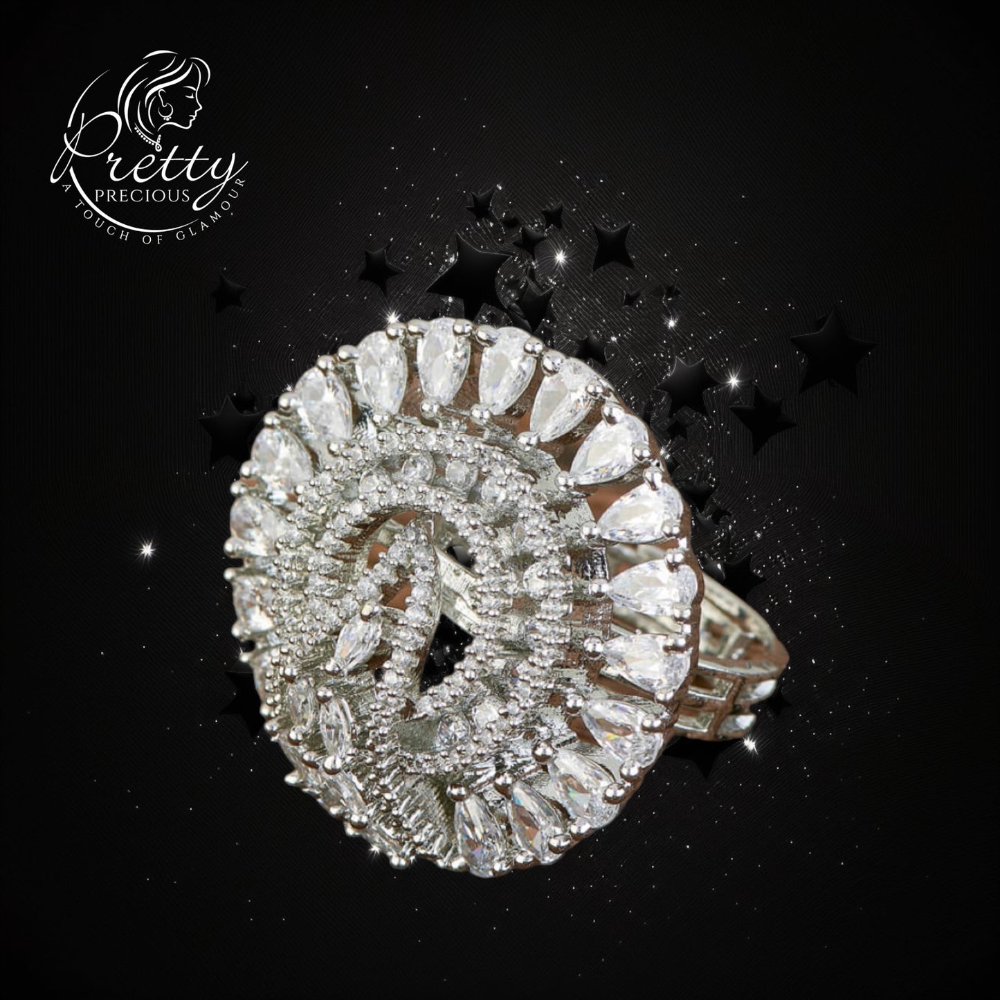 428262 Cz Adjustable Ring With Black 2 Tone Rhodium Plating-Silver