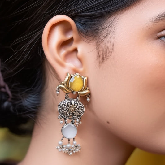 94209-ERO Pretty Precious Fashion Oxidised Silver Stylish Party Wear Earrings for Women and Girls-Yellow