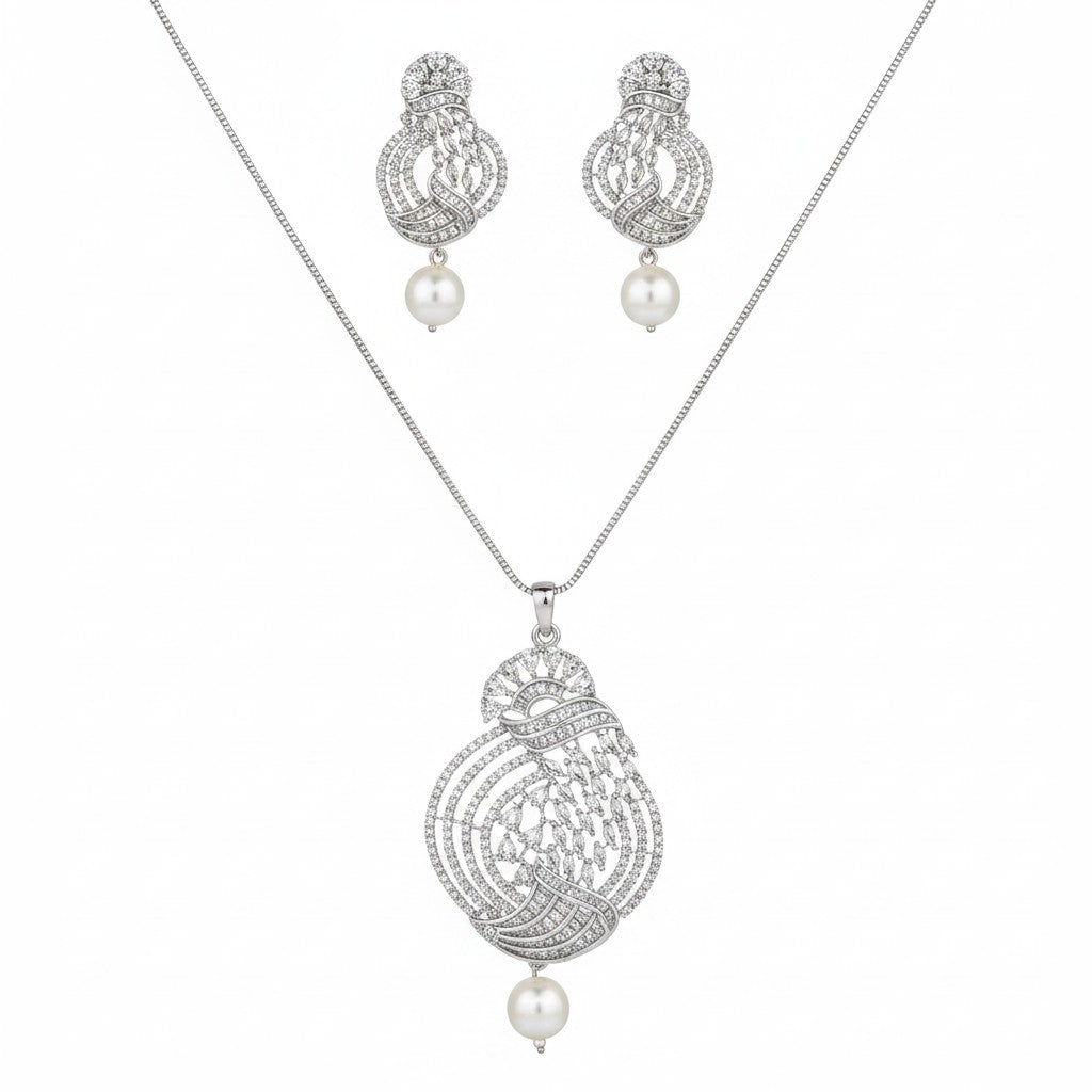 1567-PRETTY PRECIOUS Rodhium-Plated American Diamond Pendant Set with Earrings for Women and Girls, with Chain-White Pearl