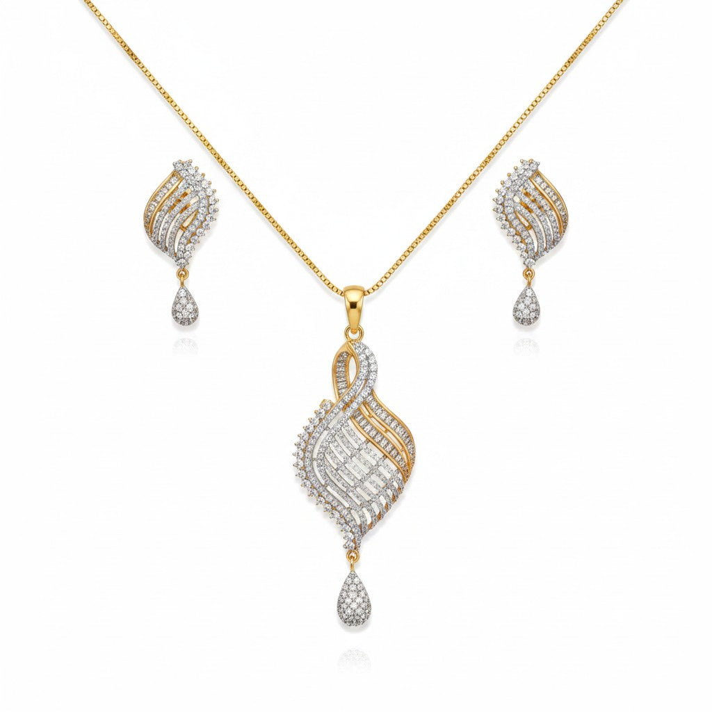 1570-Pretty Precious AD Two Tone Pendant Set for Women | American Diamond Pendant with Earrings & Chain | Elegant Party, Wedding & Daily Wear Jewellery-Two Tone