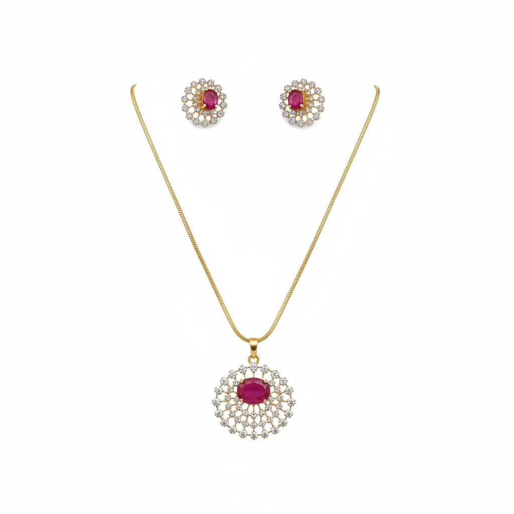1572-Pretty Precious AD Two Tone Pendant Set for Women | American Diamond Pendant with Earrings & Chain | Elegant Party, Wedding & Daily Wear Jewellery-Ruby