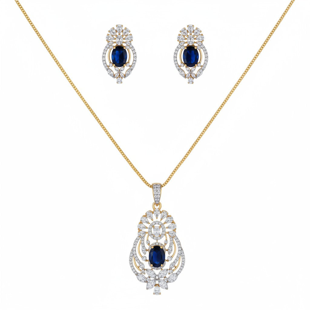 1576-Pretty Precious AD Two Tone Pendant Set for Women | American Diamond Pendant with Earrings & Chain | Elegant Party, Wedding & Daily Wear Jewellery-Dark Blue