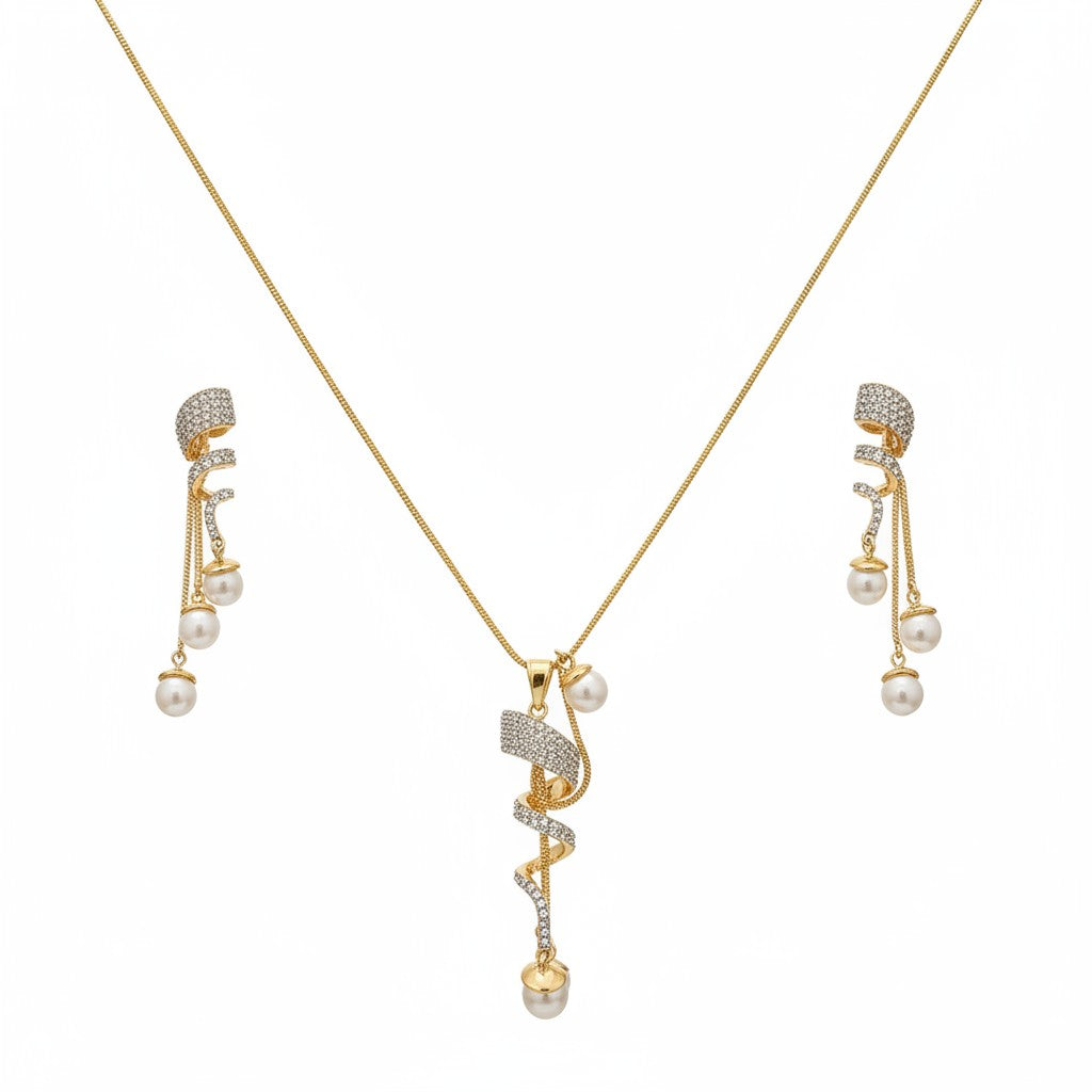 1578-Pretty Precious AD Two Tone Pendant Set for Women | American Diamond Pendant with Earrings & Chain | Elegant Party, Wedding & Daily Wear Jewellery-White Pearl
