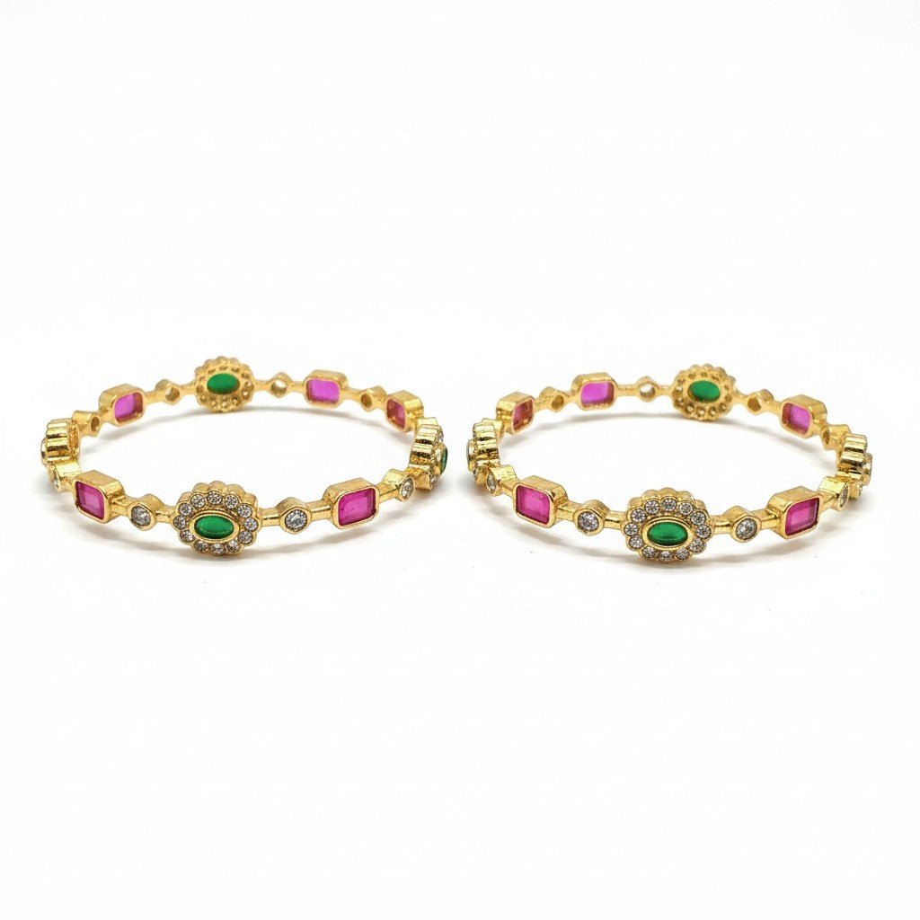 1596-Pretty Precious Gold Plated Cubic Zirconia/American Diamond Traditional Bangles/Bracelet Set of 2 for Women and Girls- Ruby Green (Size 2.8)