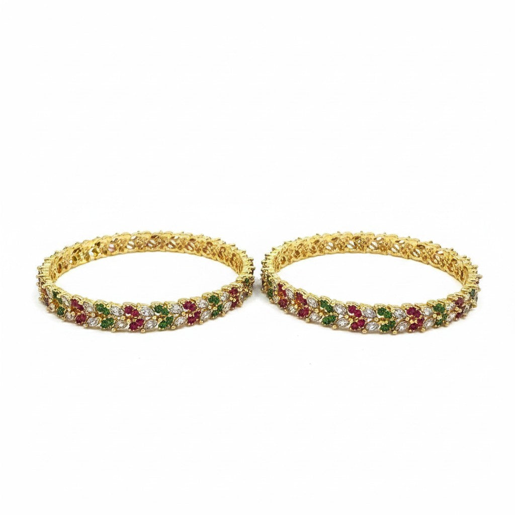 1604-Pretty Precious Gold Plated Cubic Zirconia/American Diamond Traditional Bangles/Bracelet Set of 2 for Women and Girls- Ruby Green (Size 2.8)