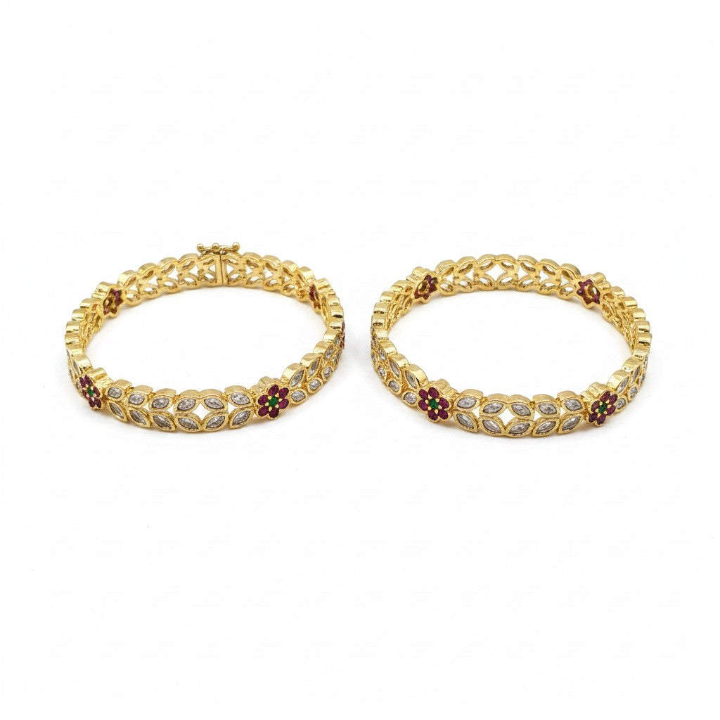 1605-Pretty Precious Gold Plated Cubic Zirconia/American Diamond Traditional Bangles/Bracelet Set of 2 for Women and Girls- Ruby Green (Size 2.6)
