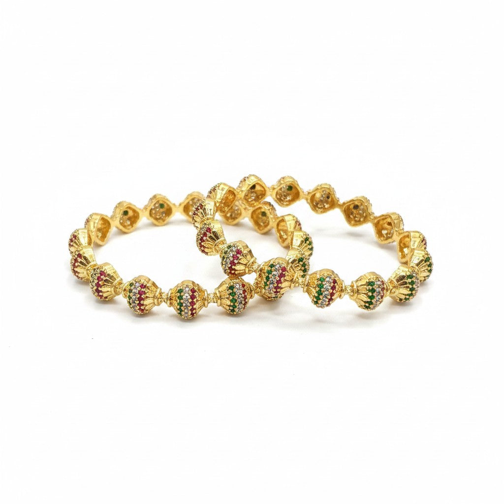 1606-Pretty Precious Gold Plated Cubic Zirconia/American Diamond Traditional Bangles/Bracelet Set of 2 for Women and Girls- Ruby Green (Size 2.6)