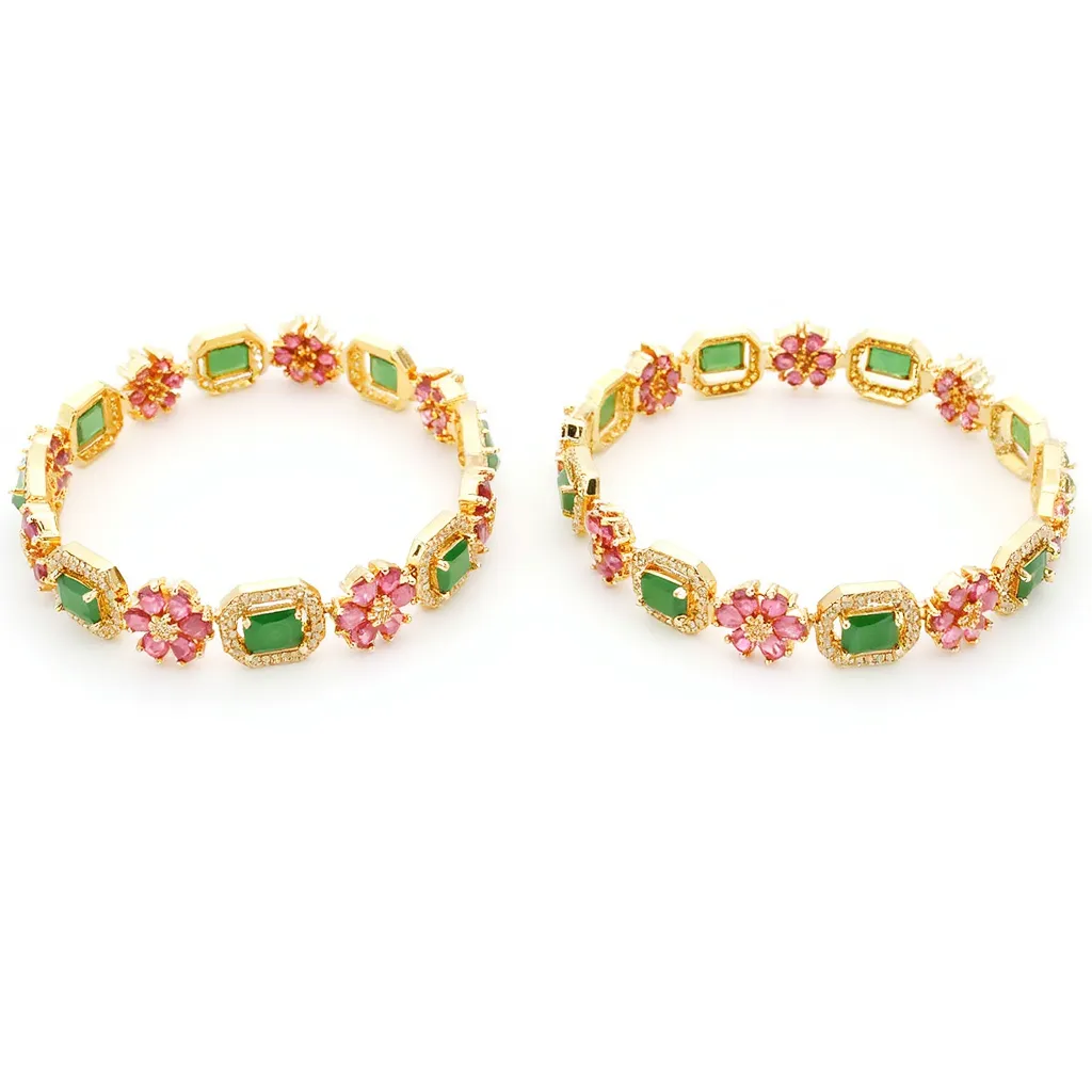 1608-Pretty Precious Gold Plated Cubic Zirconia/American Diamond Traditional Bangles/Bracelet Set of 2 for Women and Girls- Ruby Green (Size 2.6)