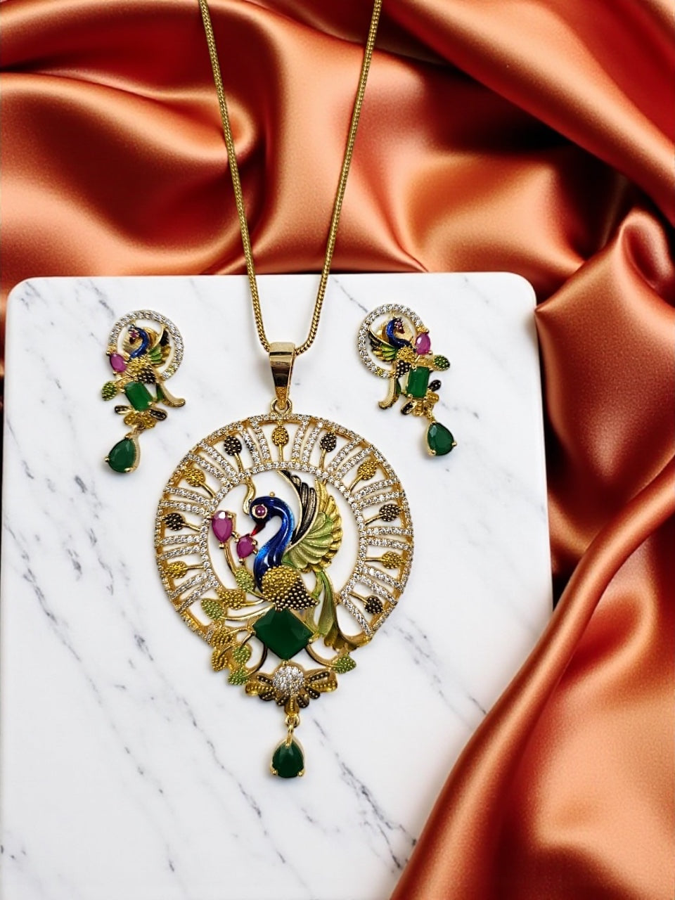 1051-American Diamond Delicate Pendant Set -Green