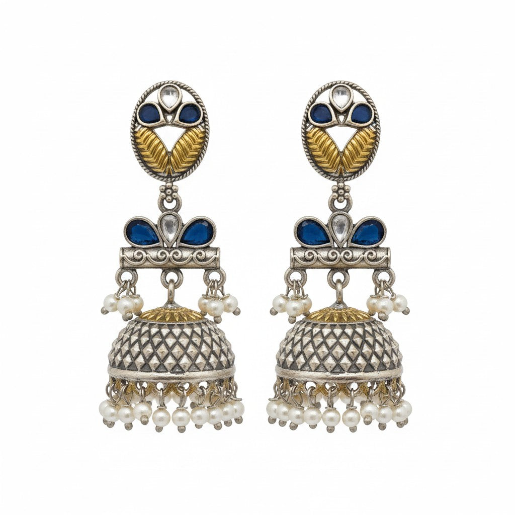 807521 Oxidised Pearl Jhumki With 2 Tone Plating-Blue