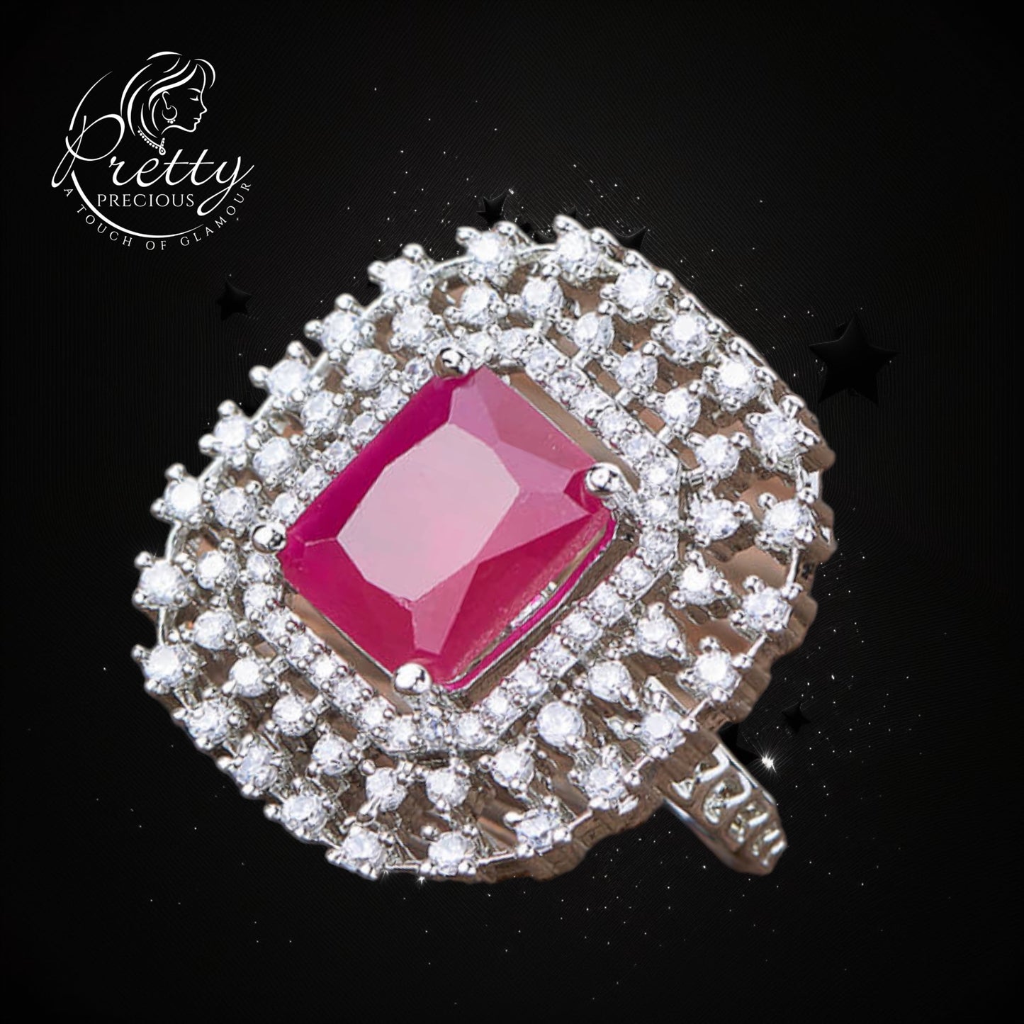 427780 Cubic Zirconia Adjustable Ring With Rhodium Plating-Ruby