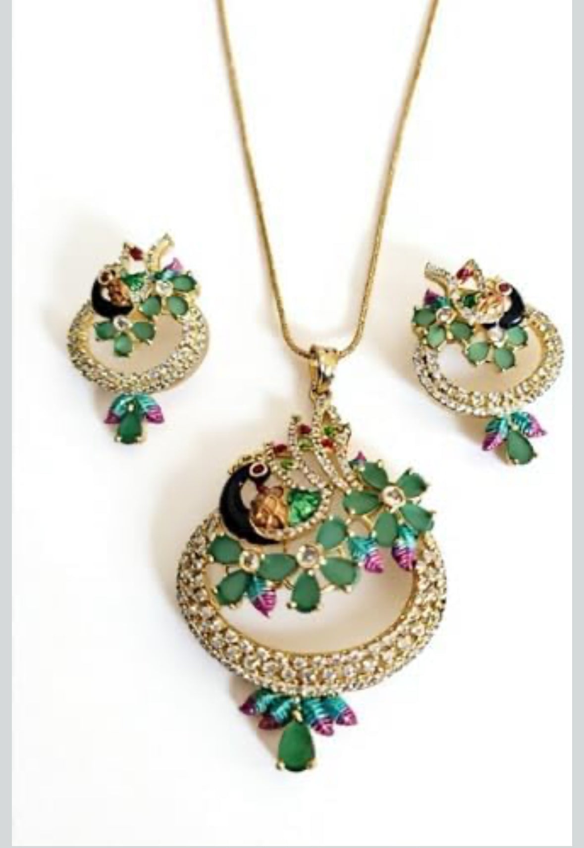 97659-PS-American Diamond Delicate Pendant Set With Gold Plating with Meenakari Green - Ruby