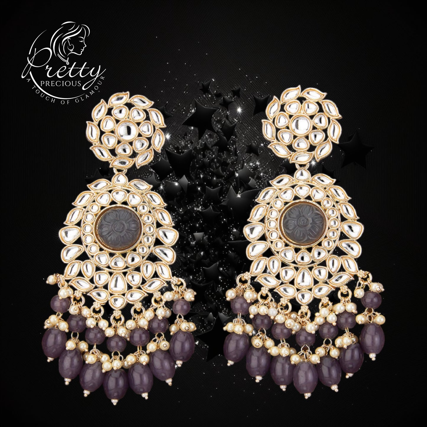108930-GR Indo Western Stone Earring With Gold Plating-Grey
