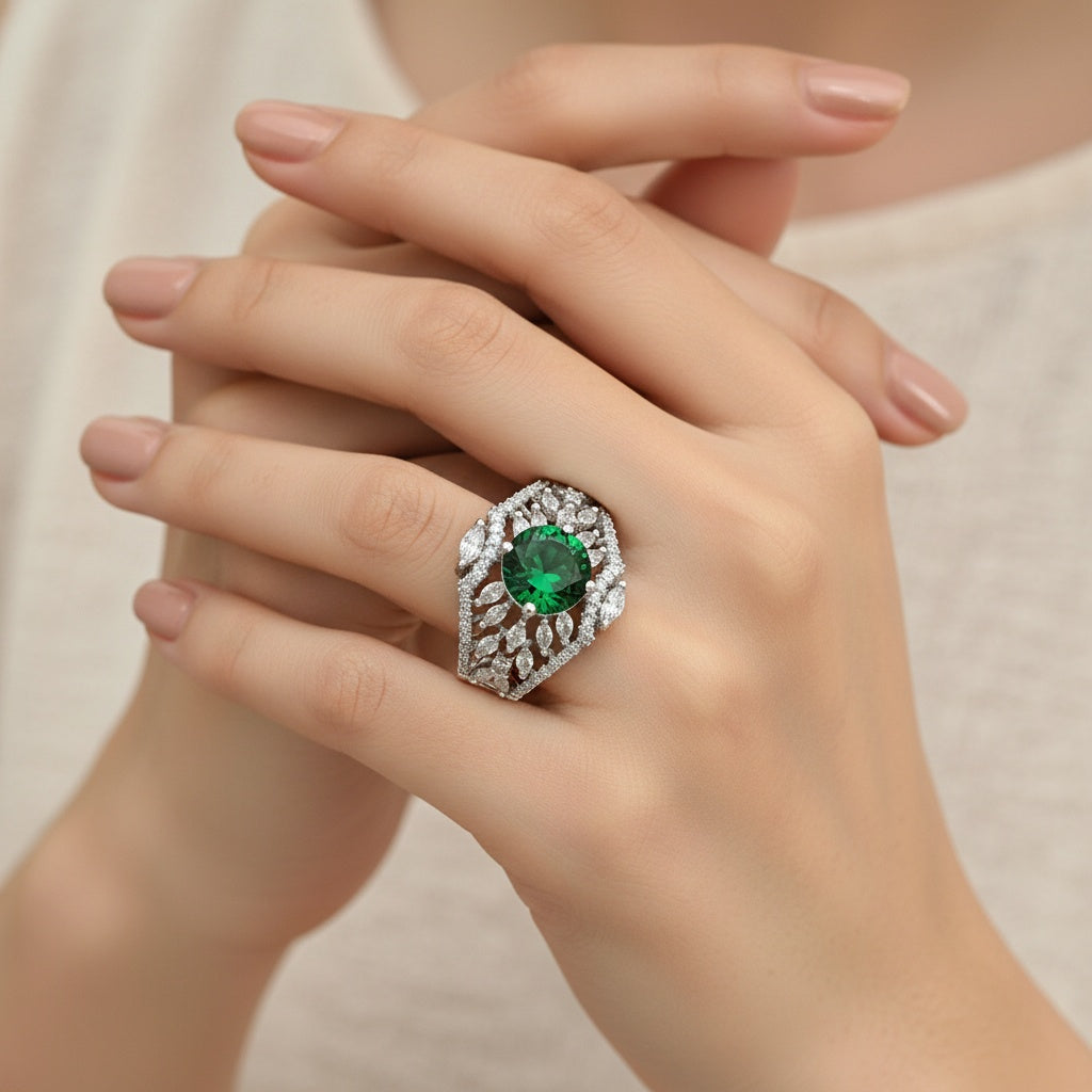 438575 Cz Classic Ring With Rhodium Plating-Green