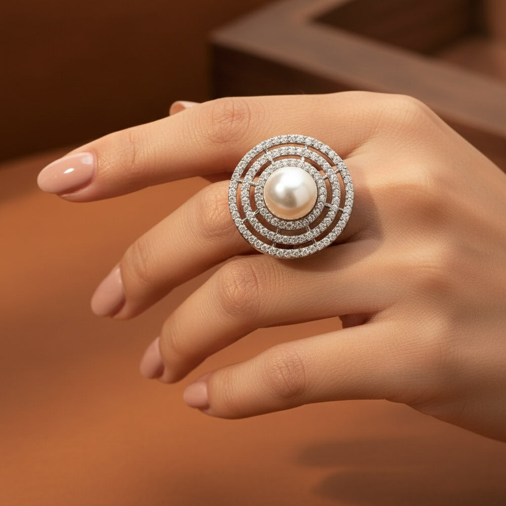 434006 Cz Moti Ring With Rhodium 2 Tone Plating-Silver