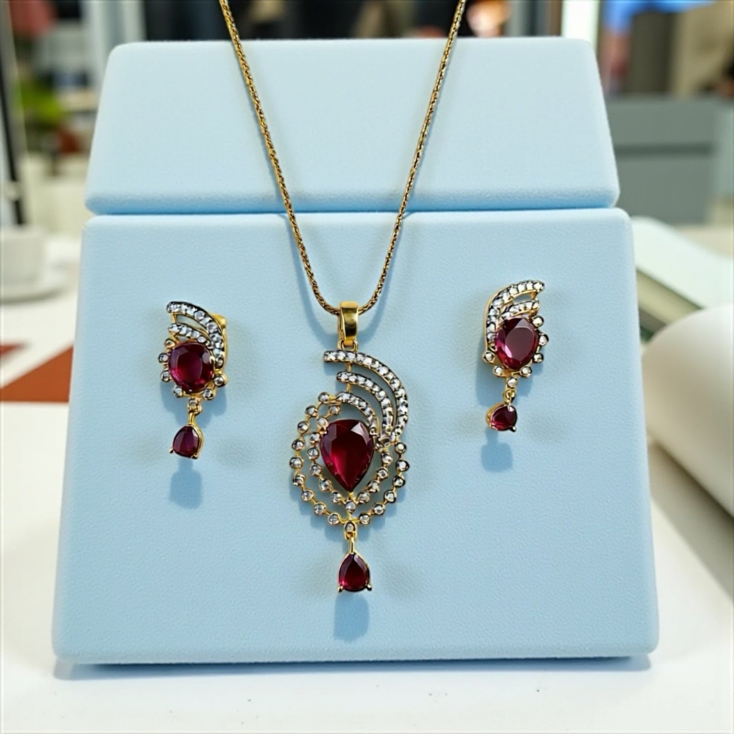 1058-American Diamond Delicate Pendant Set -Ruby
