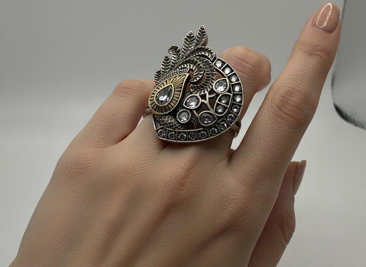 809630 Oxidised Adjustable Ring With 2 Tone Plating-White