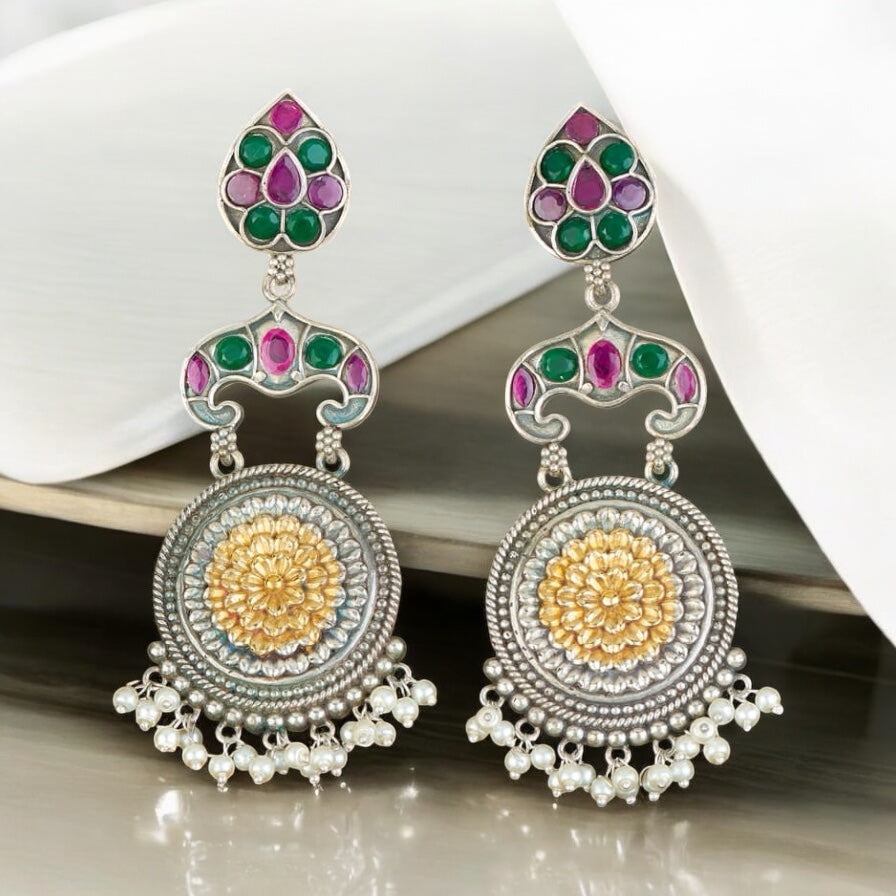 804551 Oxidised Classic Earring With 2 Tone Plating-Multi