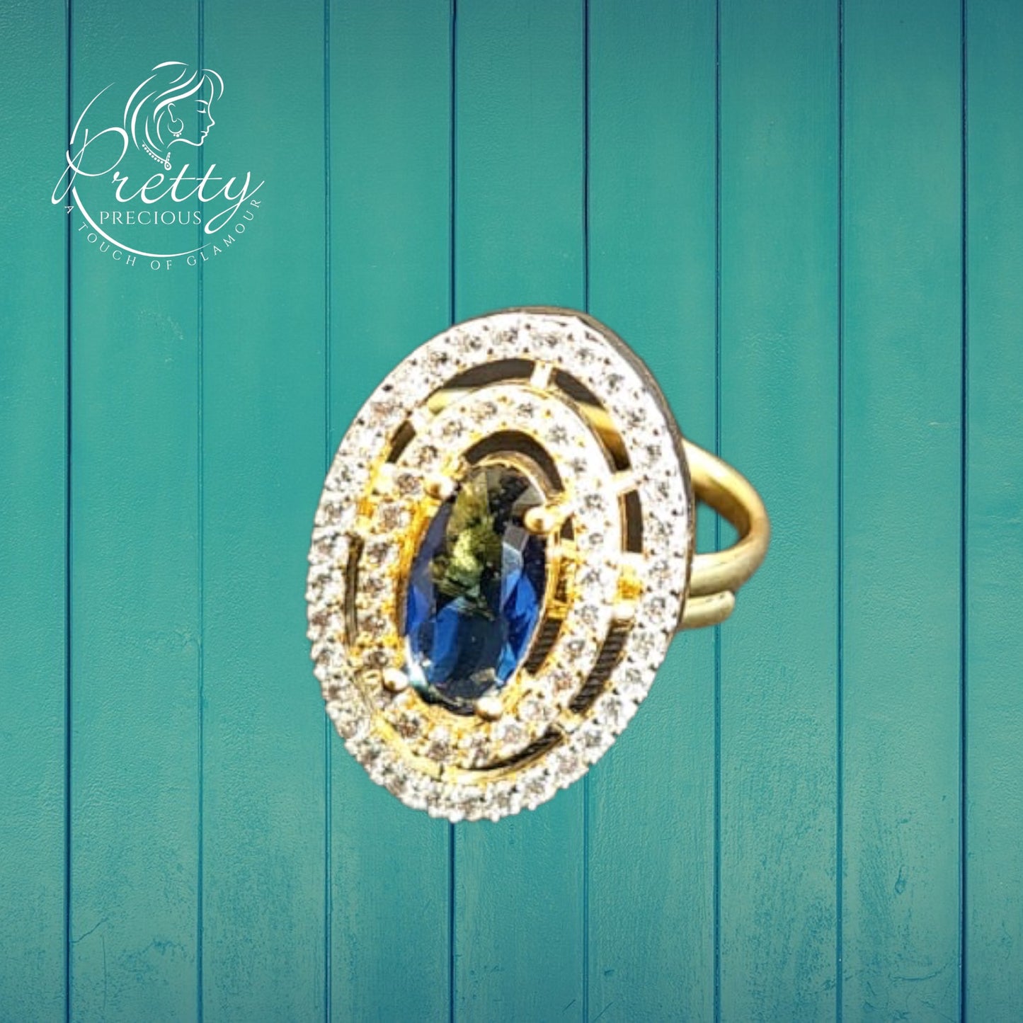 427259-B-Cz Classic Ring With Rhodium Plating-Blue