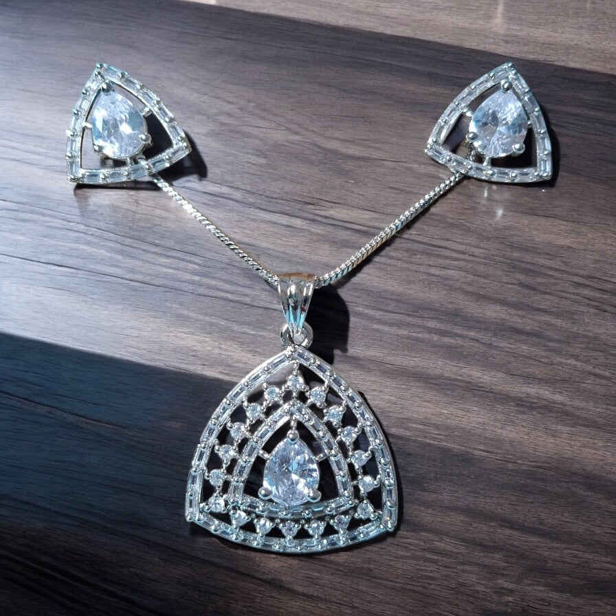 91909-PS-American Diamond Delicate Pendant Set With Rhodium Plating-Design 1