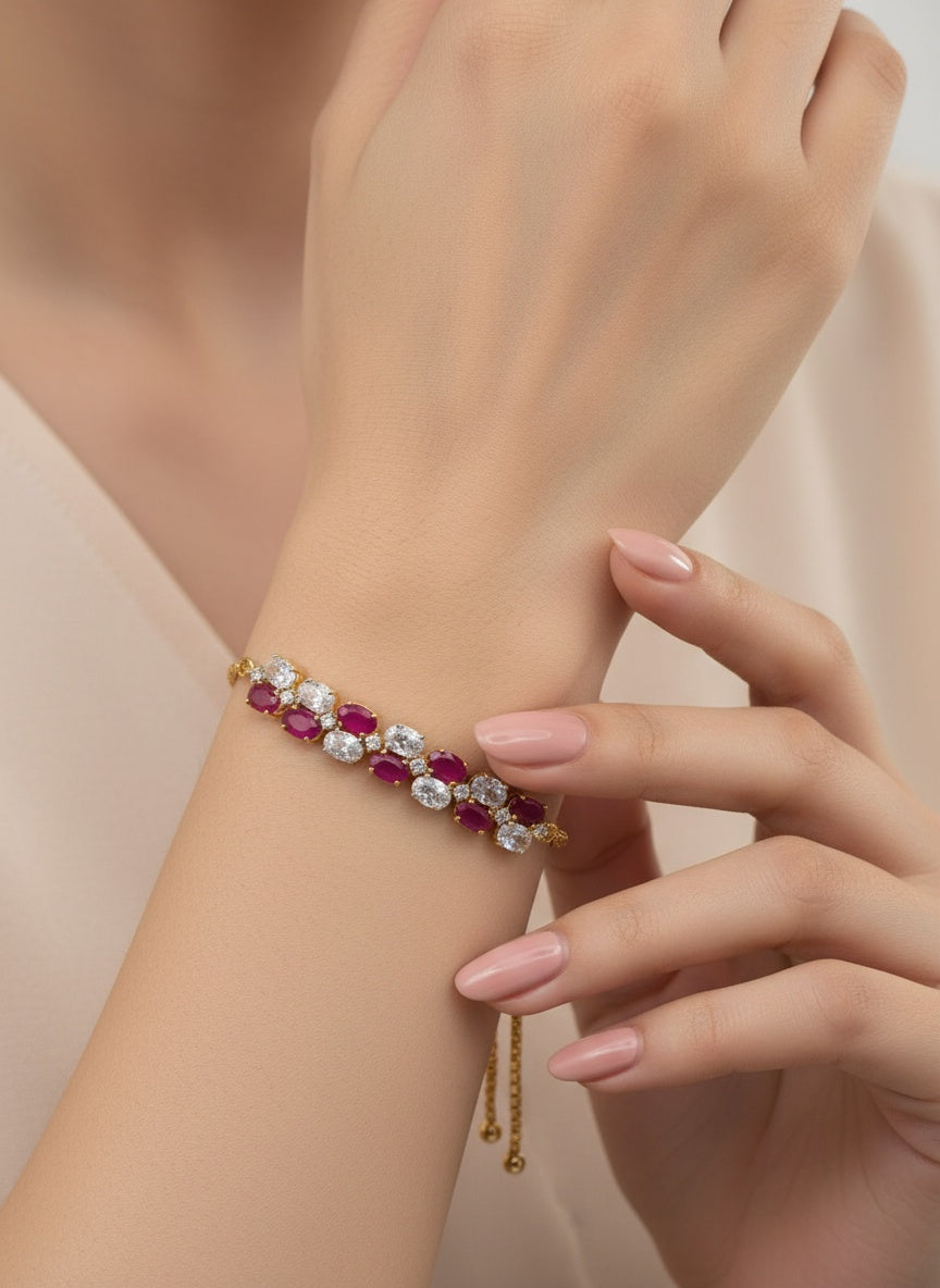 436642 Cubic Zirconia Adjustable Bracelet With 2 Tone Plating-Ruby
