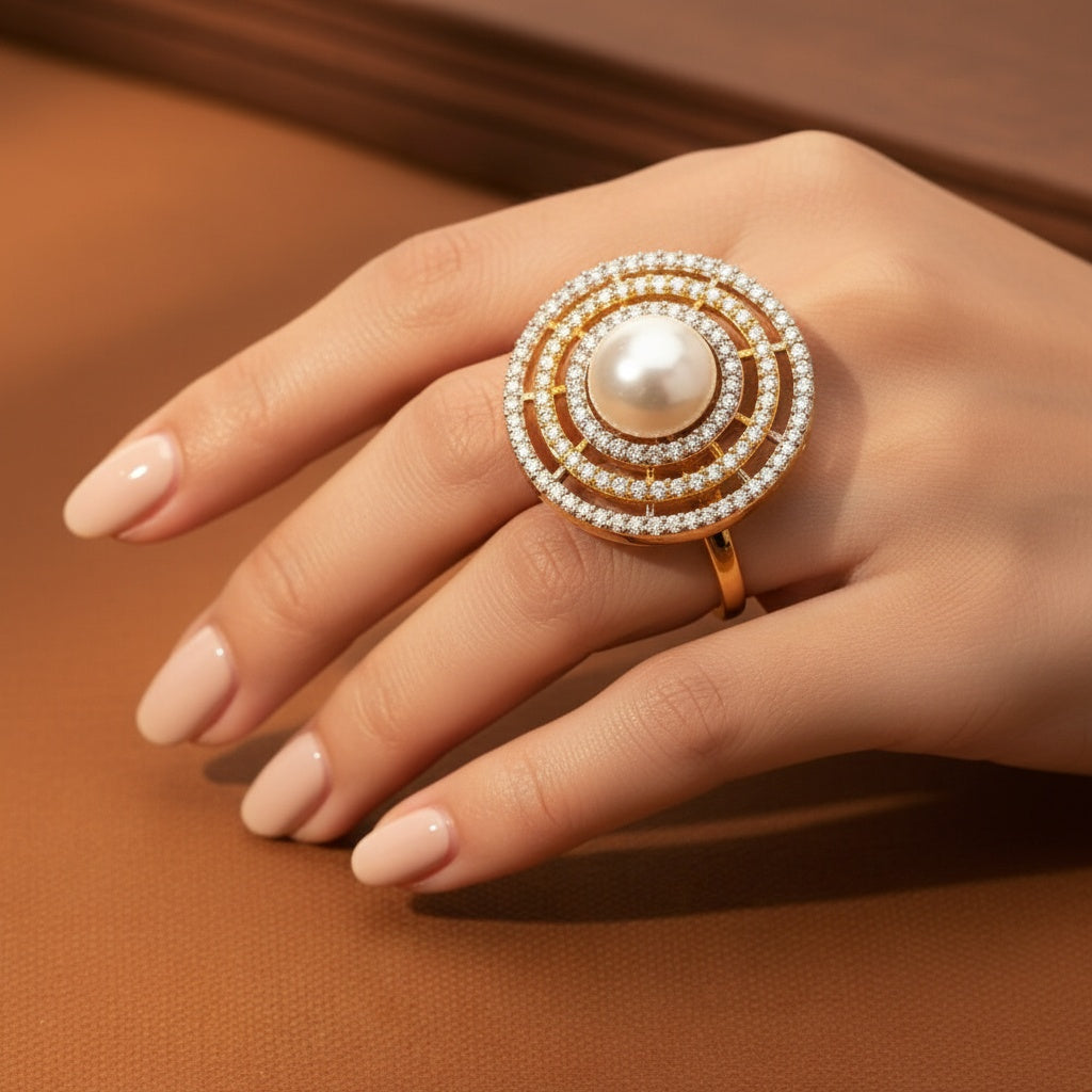 434006 Cz Moti Ring With Rhodium 2 Tone Plating