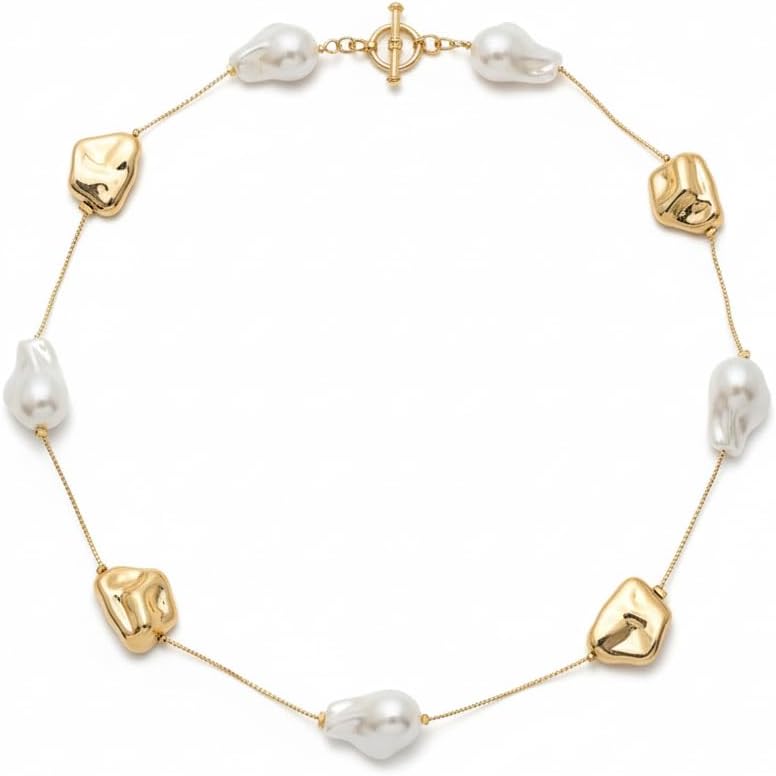 BC22531-Pretty Precious Baroque Pearl and Gold Nugget Necklace, Irregular Pearl Beads, Gold Chain, Toggle Clasp, Statement Jewelry