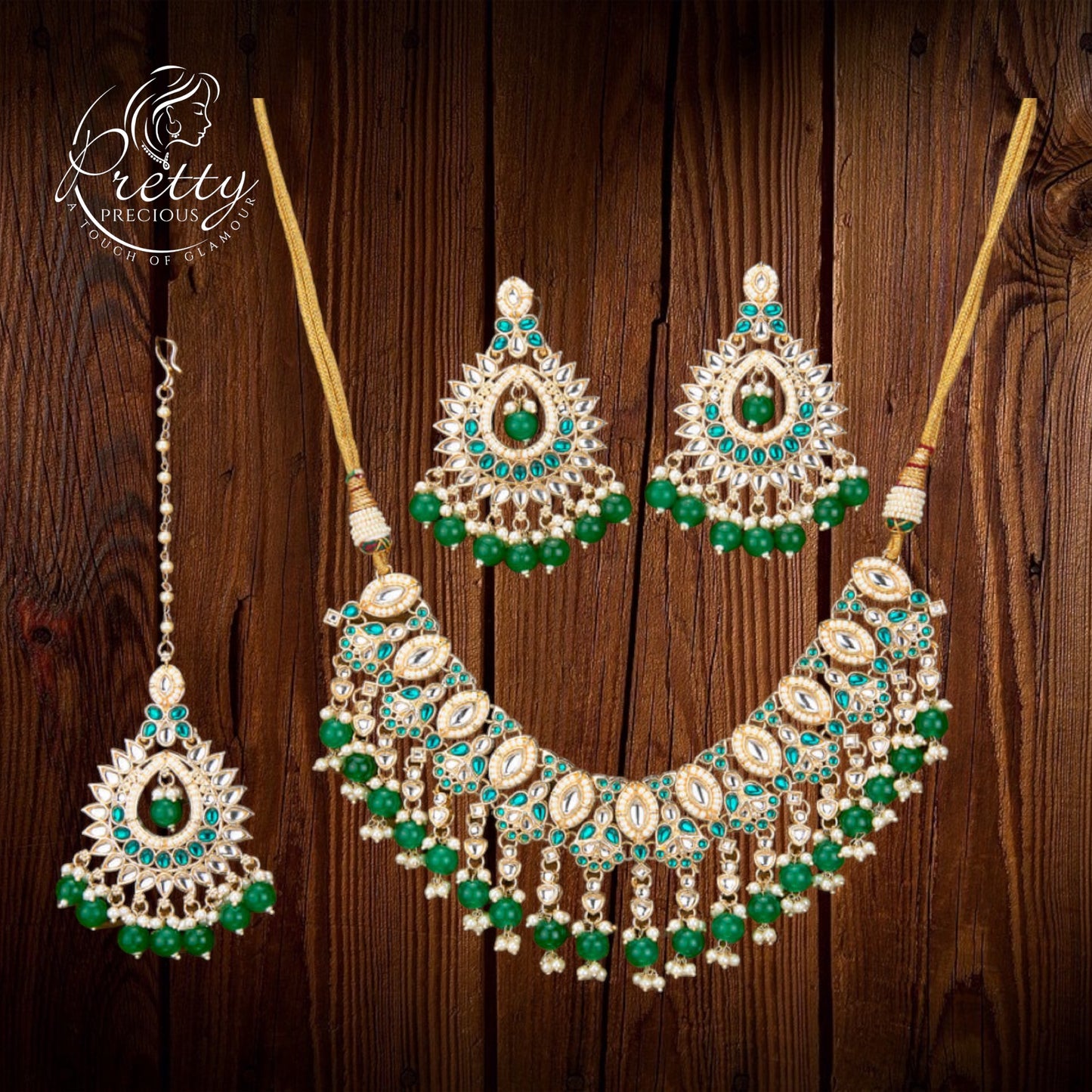 110784 Indo Western Kundan Necklace With Gold Plating-Green