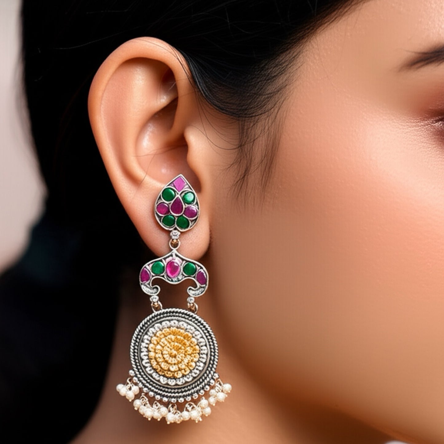 804551 Oxidised Classic Earring With 2 Tone Plating-Multi