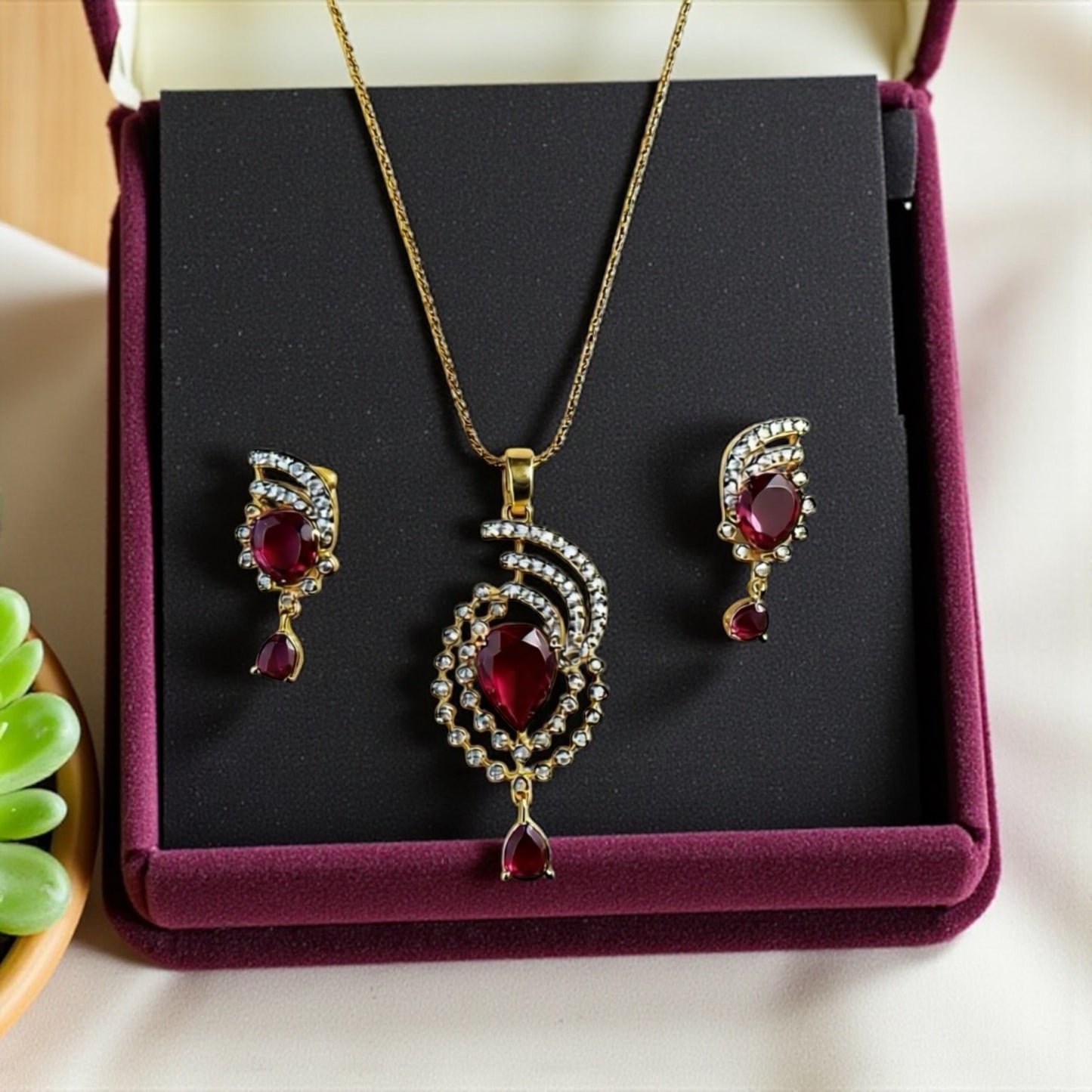 1058-American Diamond Delicate Pendant Set -Ruby