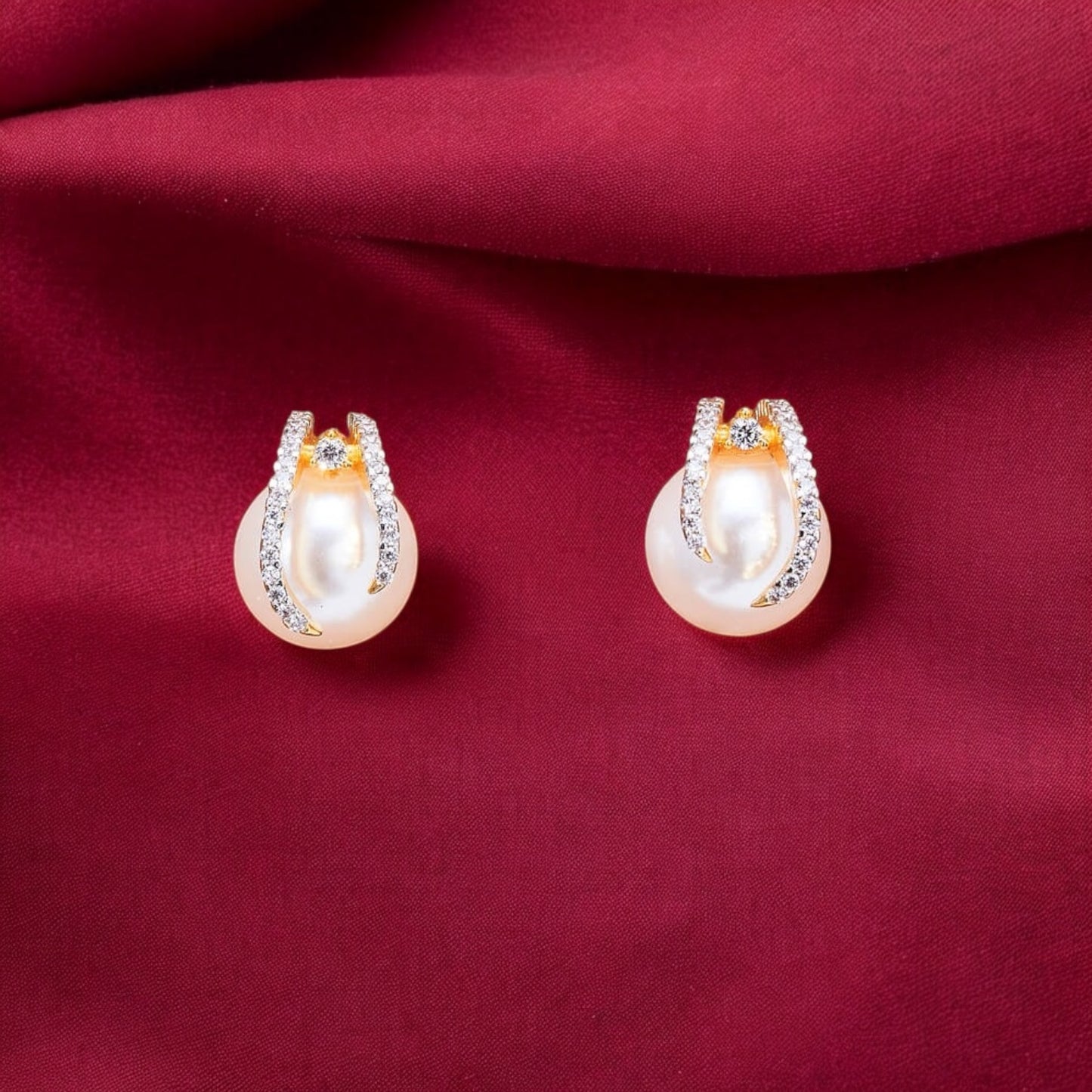 435168 Cubic Zirconia Pearl Earring With 2 Tone Rhodium Plating