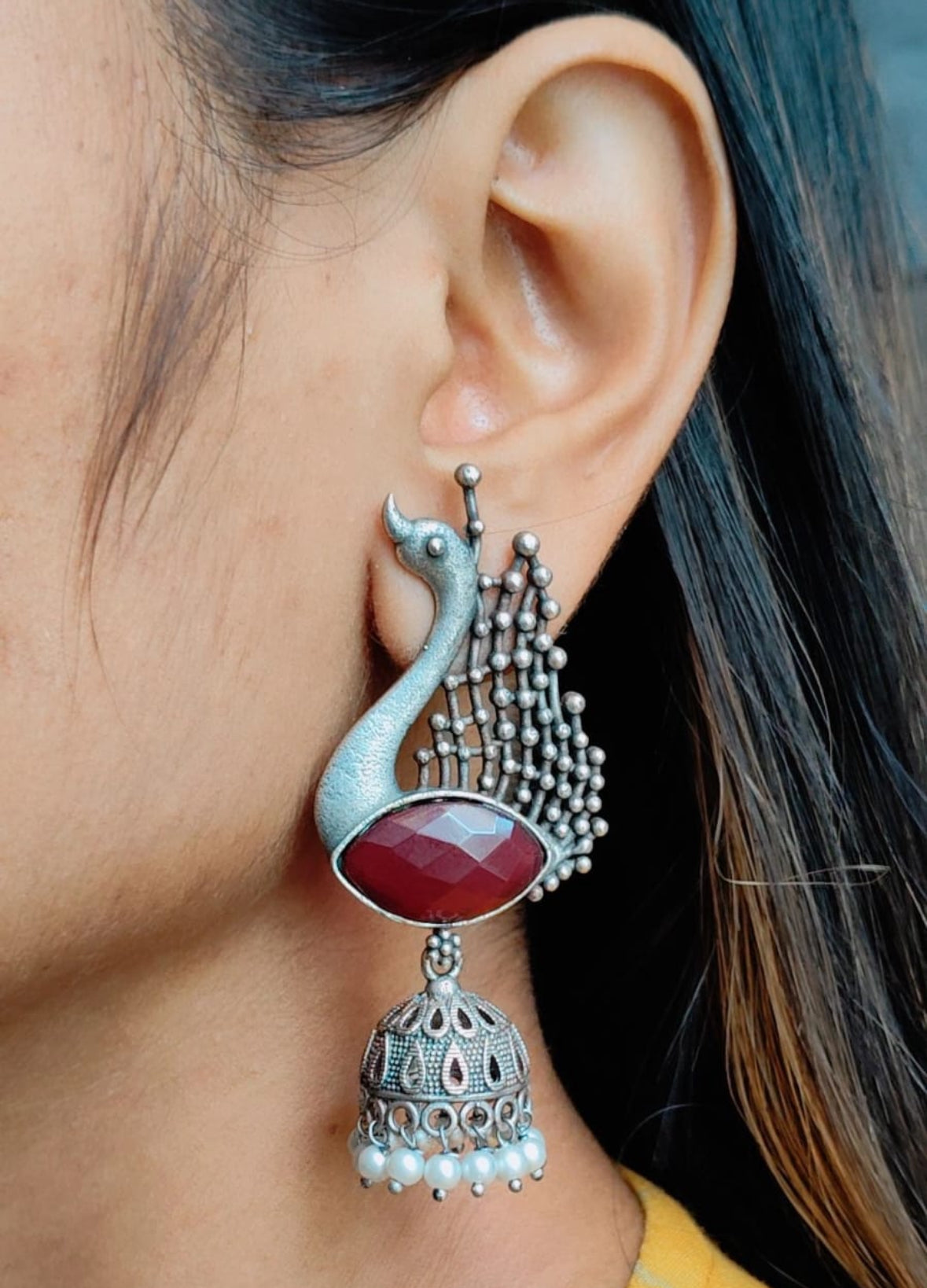 92209-ERO Pretty Precious Fashion Oxidised Silver Stylish Party Wear Earrings for Women and Girls-Ruby