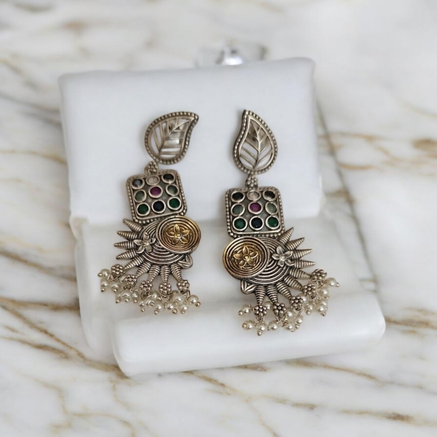 806461 Oxidised German Silver Earring With 2 Tone Plating