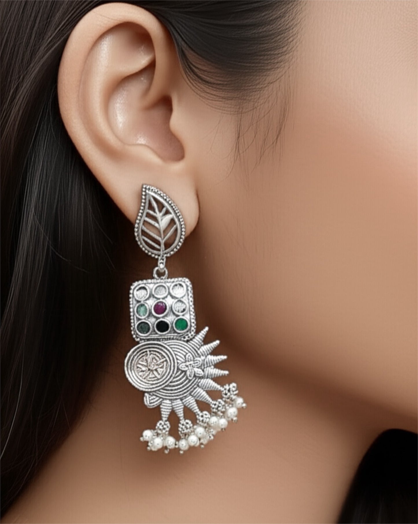 806461 Oxidised German Silver Earring With 2 Tone Plating