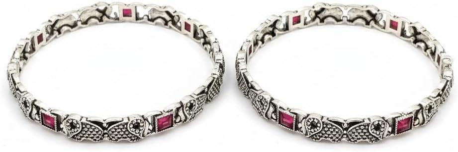 1508-Pretty Precious Oxidised Silver Bangles, Traditional Ethnic Style, Antique Finish, Size 2.4, 1 Pair, 2 Pieces-Ruby Stone