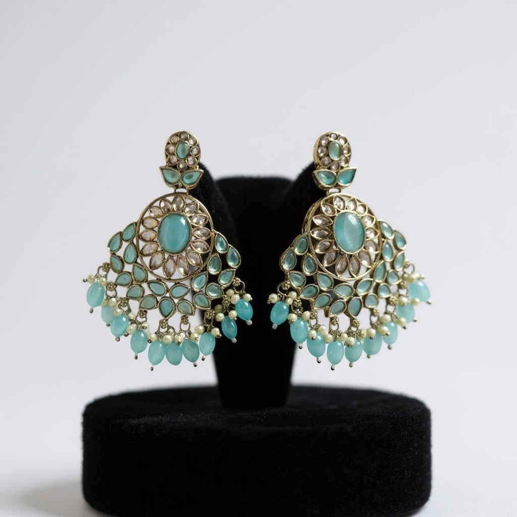 1341-Pretty Precious Traditional Kundan Earring Stylish Party Wear Earrings for Women and Girls-Mehndi Plating Aqua colour