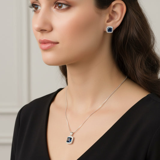 433093-American Diamond Delicate Pendant Set With Rhodium Plating-Blue