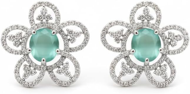 438596-Pretty Precious Rhodium Plated American Diamond Earrings for Women & Girls | AD Stud Earrings | Sparkling Cubic Zirconia Jewellery | Elegant Party & Daily Wear-Mint