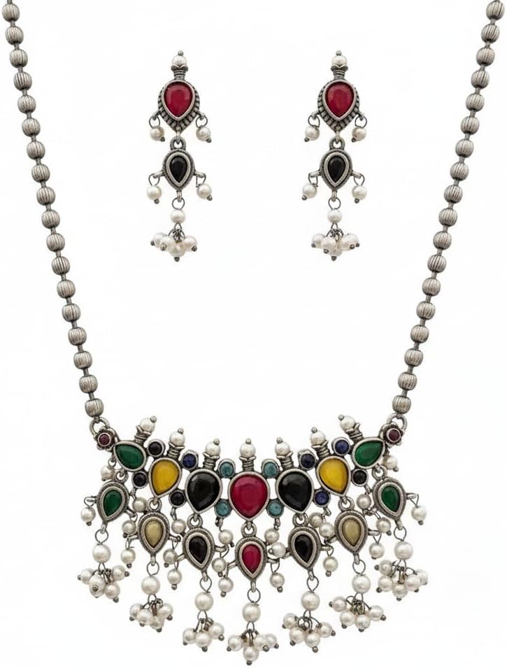 1544-Pretty Precious Latest Stylish Traditional Oxidised Silver Necklace Jewellery Set for Women | Antique Finish Ethnic Necklace with Matching Earrings | Festive & Party Wear-Multi Colour