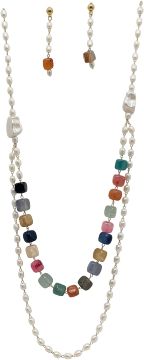 704910-Pretty Precious Layered Pearl Necklace with Multicolour Beads, Double Strand, Baroque Pearls, Matching Earrings Set